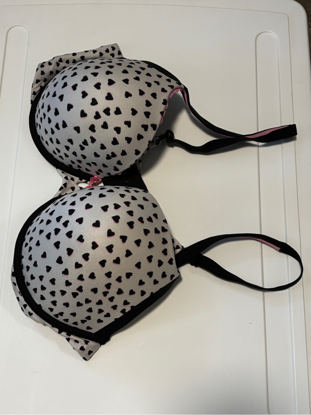Victoria's Secret Black and White Heart Print Padded Bra with Pink Accents